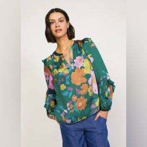 Anthropologie current air emerald green floral v-neck ruffle blouse size XS